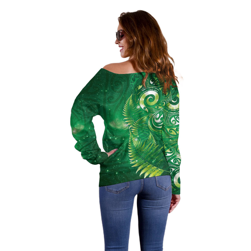 Aotearoa New Zealand New Year Off Shoulder Sweater Tribal Koru Tattoo Green Galaxy Maori Silver Fern LT03 - Polynesian Pride