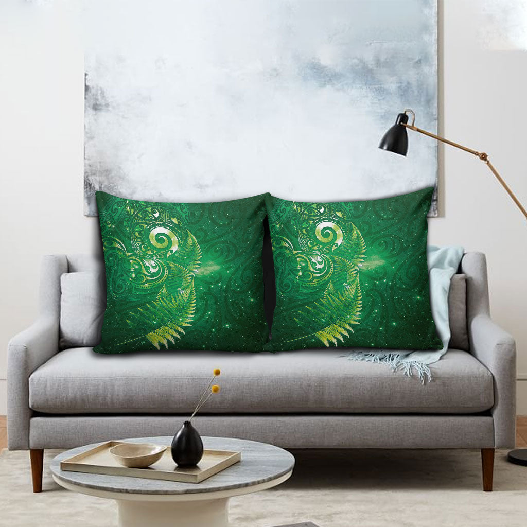 Aotearoa New Zealand New Year Pillow Cover Tribal Koru Tattoo Green Galaxy Maori Silver Fern LT03 - Polynesian Pride