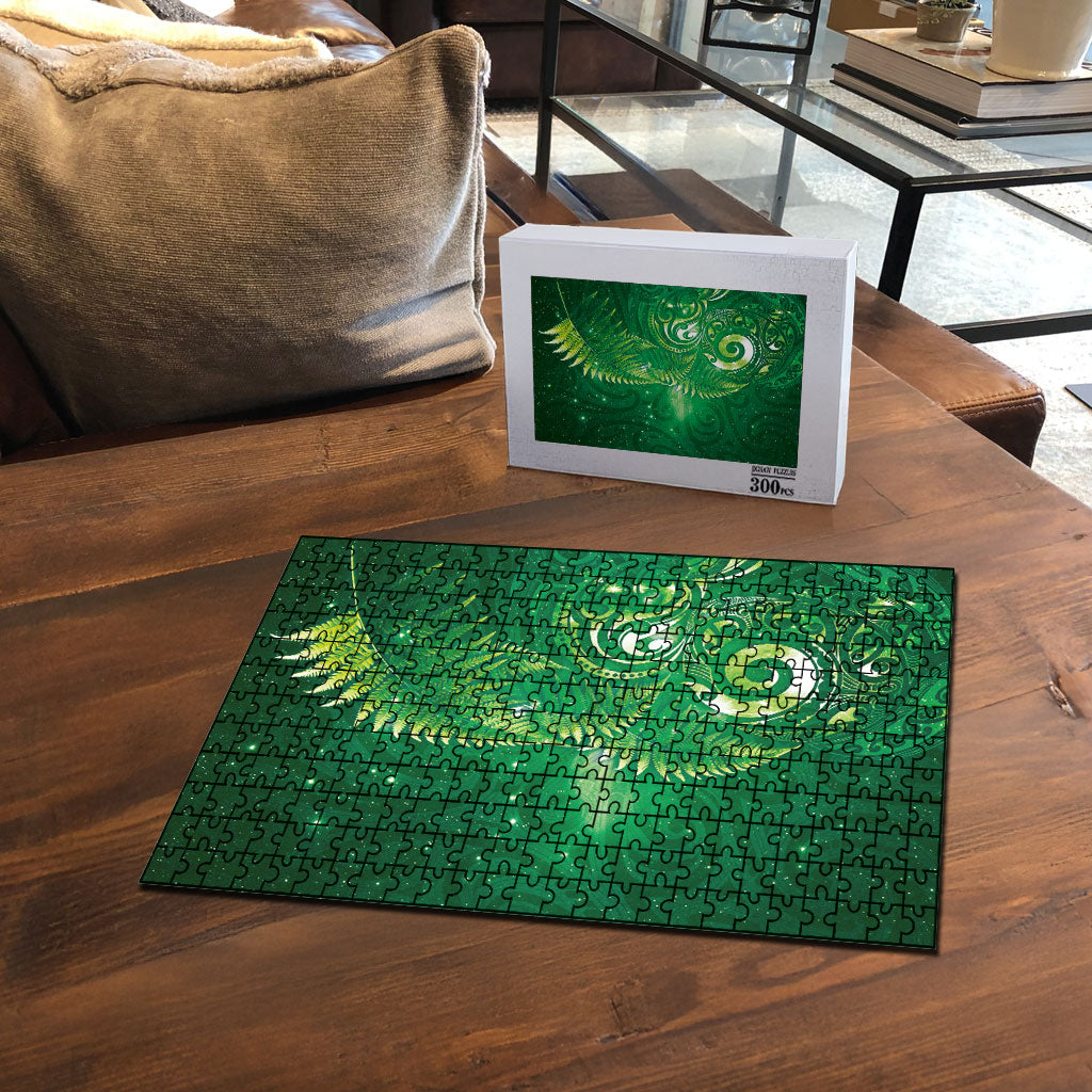 Aotearoa New Zealand New Year Puzzle Tribal Koru Tattoo Green Galaxy Maori Silver Fern