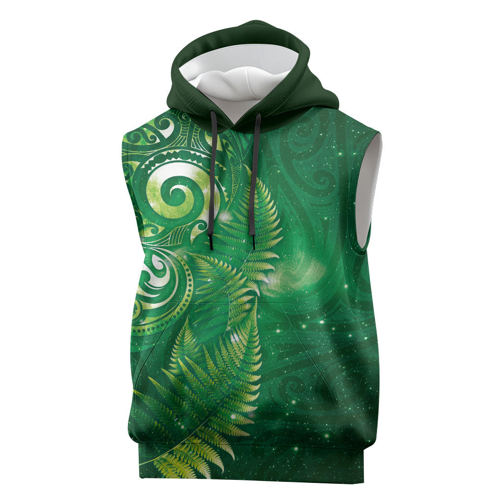 Aotearoa New Zealand New Year Sleeveless Hoodie Tribal Koru Tattoo Green Galaxy Maori Silver Fern LT03 Green - Polynesian Pride