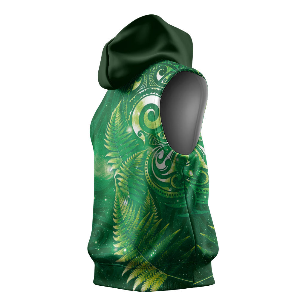 Aotearoa New Zealand New Year Sleeveless Hoodie Tribal Koru Tattoo Green Galaxy Maori Silver Fern LT03 - Polynesian Pride