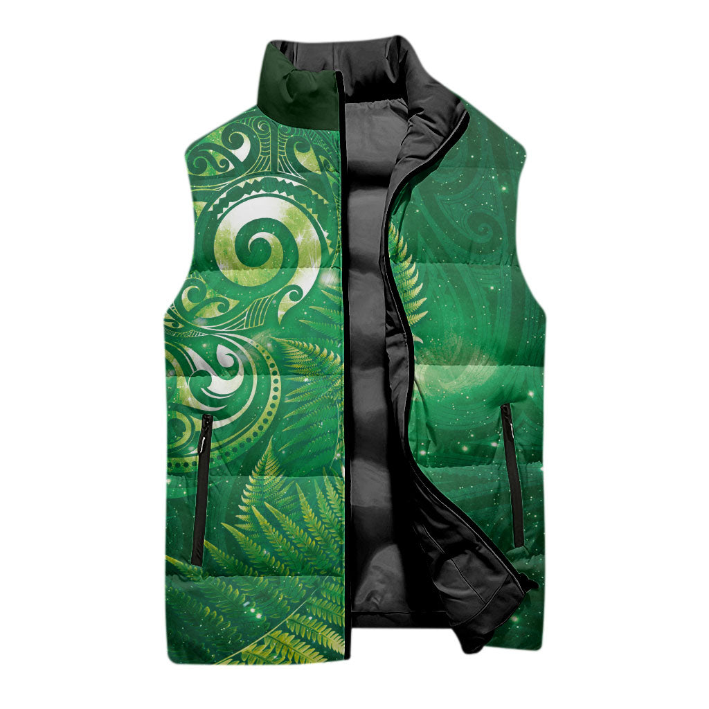 Aotearoa New Zealand New Year Sleeveless Puffer Jacket Tribal Koru Tattoo Green Galaxy Maori Silver Fern LT03 - Polynesian Pride