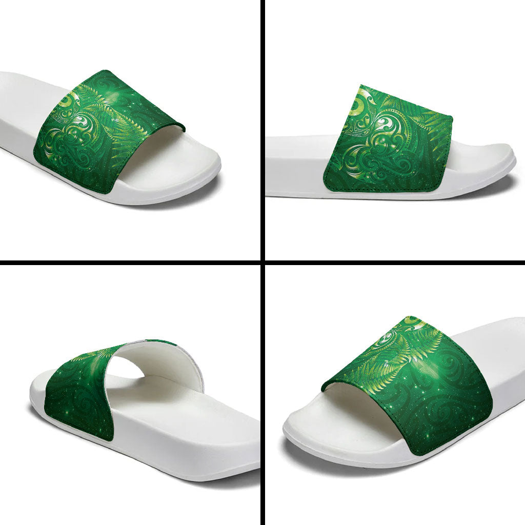 Aotearoa New Zealand New Year Slide Sandals Tribal Koru Tattoo Green Galaxy Maori Silver Fern LT03 - Polynesian Pride