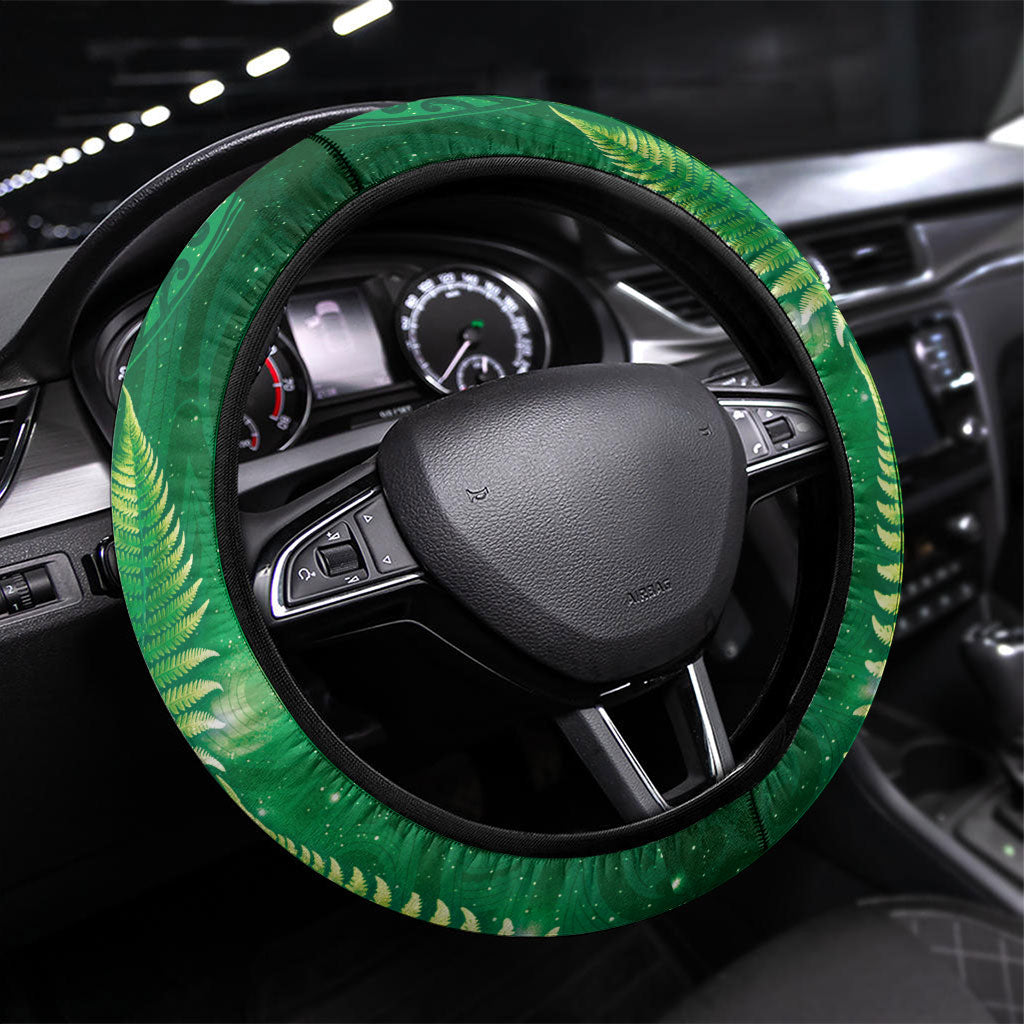 Aotearoa New Zealand New Year Steering Wheel Cover Tribal Koru Tattoo Green Galaxy Maori Silver Fern LT03 Universal Fit Green - Polynesian Pride
