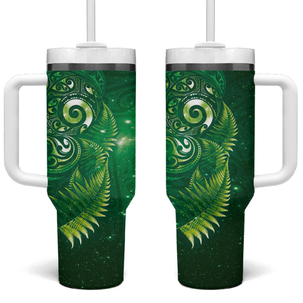 Aotearoa New Zealand New Year Tumbler With Handle Tribal Koru Tattoo Green Galaxy Maori Silver Fern LT03 One Size: 40 oz Green - Polynesian Pride