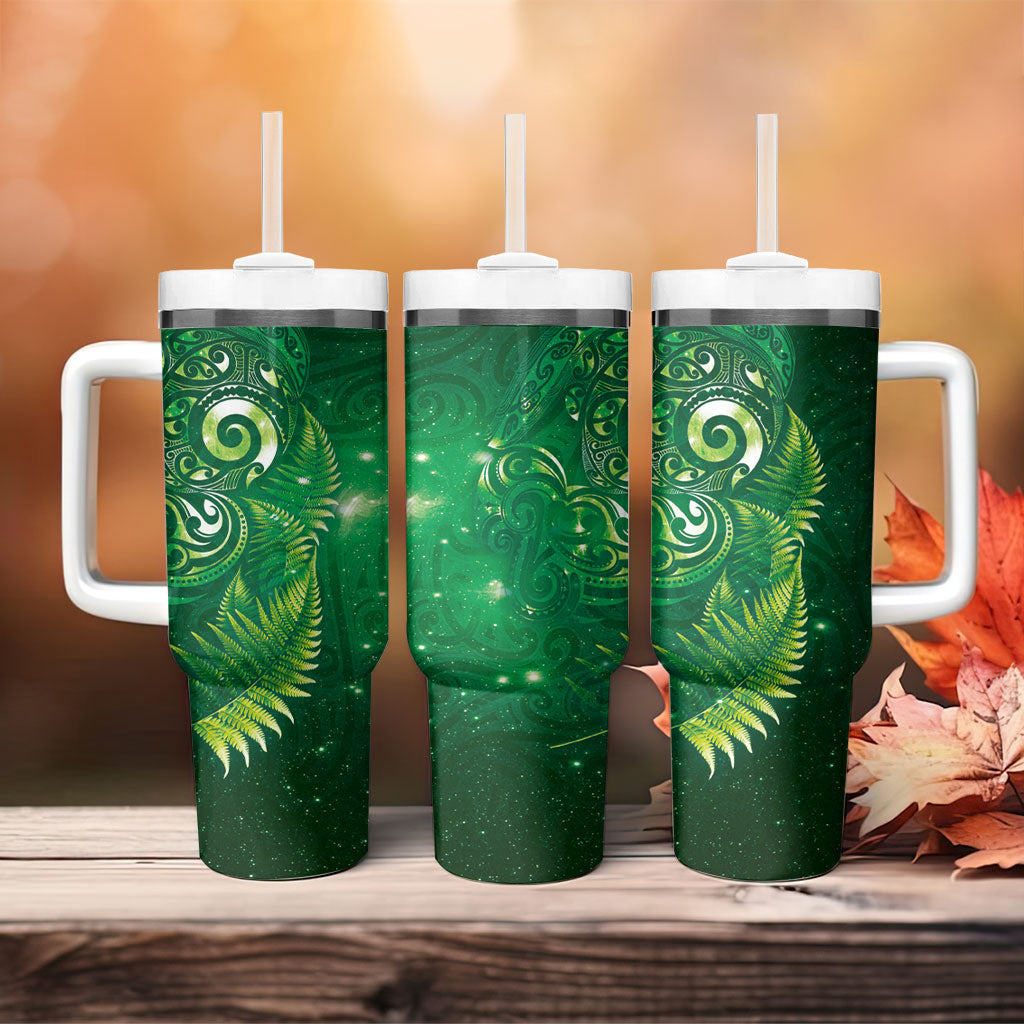 Aotearoa New Zealand New Year Tumbler With Handle Tribal Koru Tattoo Green Galaxy Maori Silver Fern LT03 - Polynesian Pride