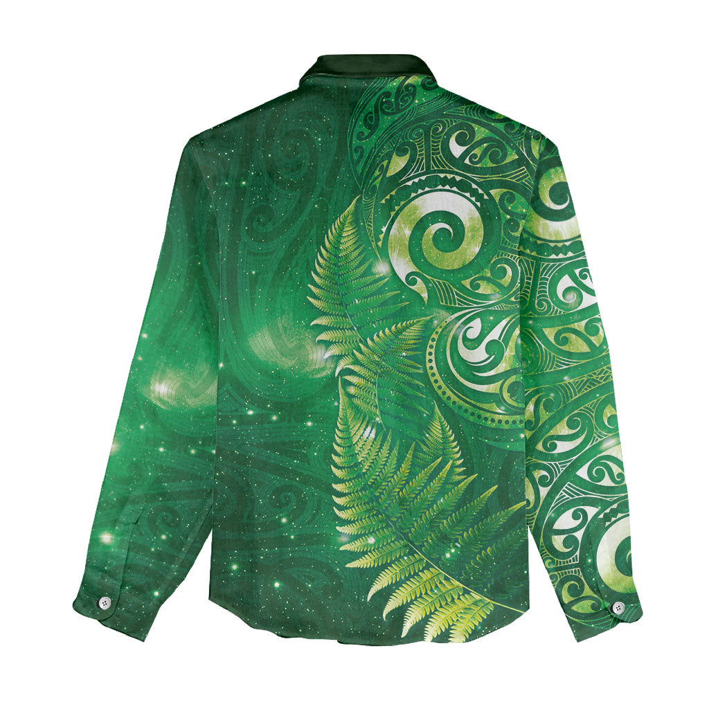 Aotearoa New Zealand New Year Women Casual Shirt Tribal Koru Tattoo Green Galaxy Maori Silver Fern LT03 - Polynesian Pride