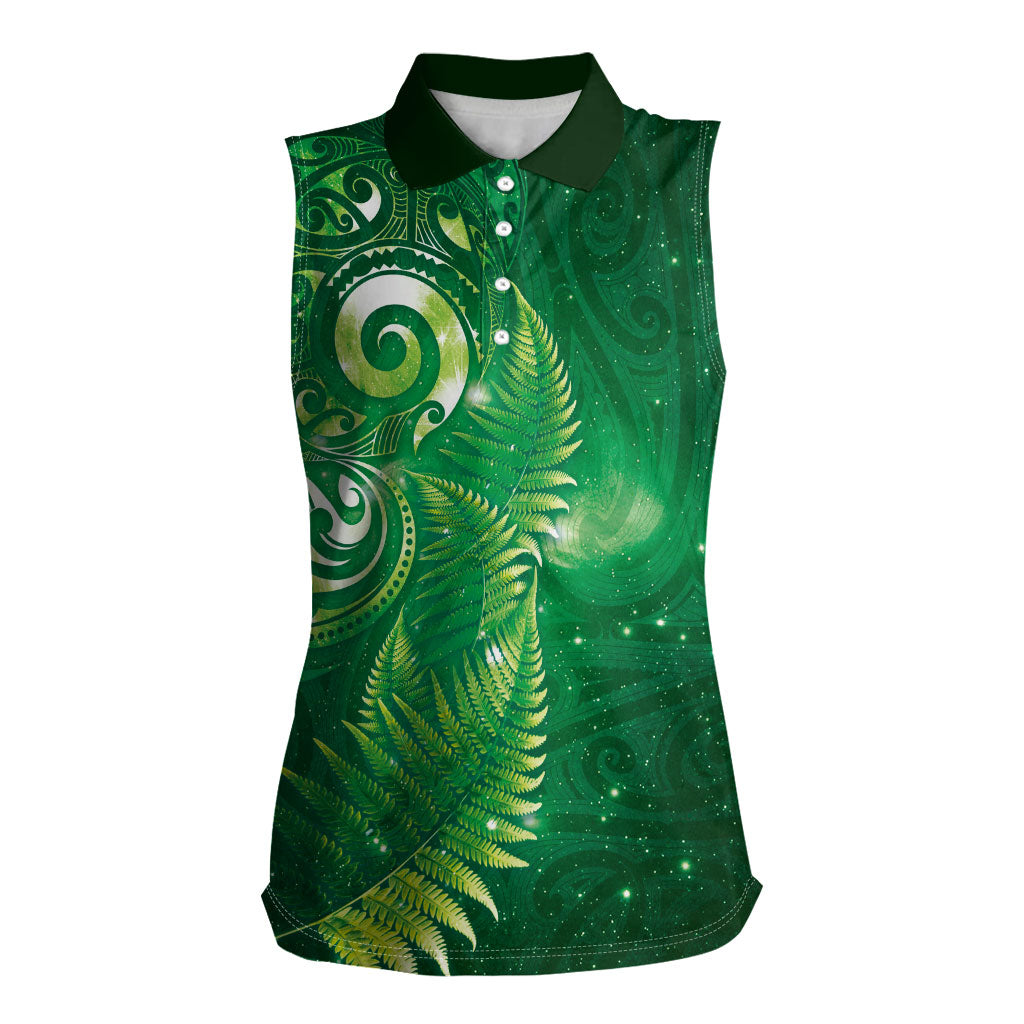 Aotearoa New Zealand New Year Women Sleeveless Polo Shirt Tribal Koru Tattoo Green Galaxy Maori Silver Fern LT03 Female Green - Polynesian Pride