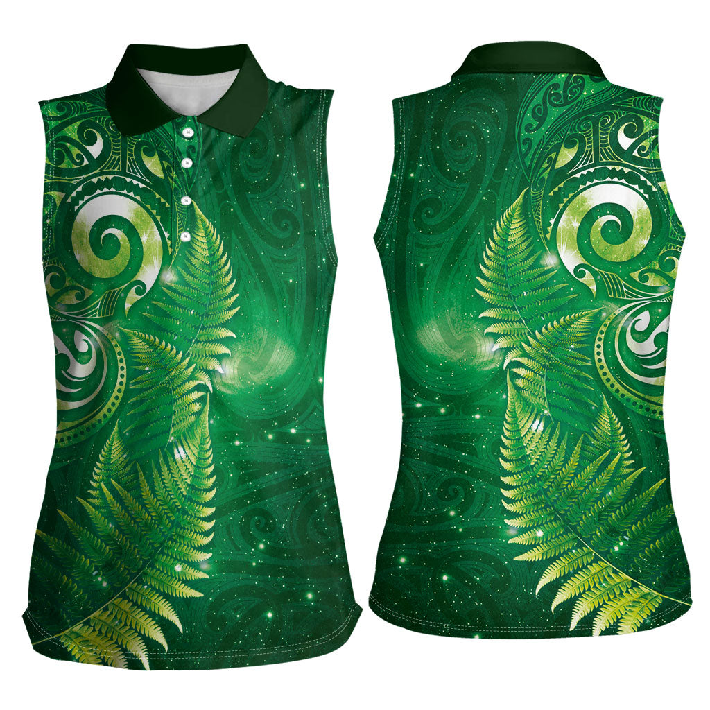 Aotearoa New Zealand New Year Women Sleeveless Polo Shirt Tribal Koru Tattoo Green Galaxy Maori Silver Fern LT03 - Polynesian Pride