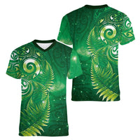 Aotearoa New Zealand New Year Women V-Neck T-Shirt Tribal Koru Tattoo Green Galaxy Maori Silver Fern LT03 - Polynesian Pride