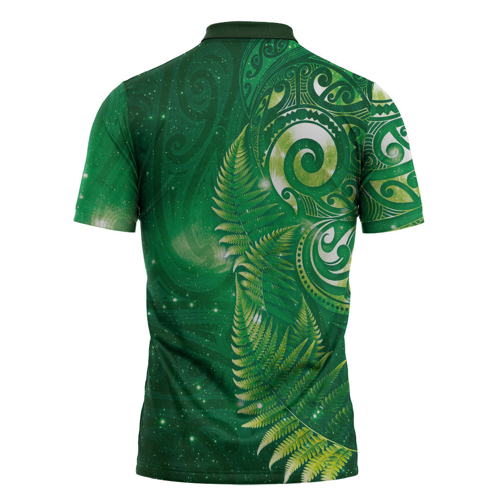 Aotearoa New Zealand New Year Zipper Polo Shirt Tribal Koru Tattoo Green Galaxy Maori Silver Fern LT03 - Polynesian Pride
