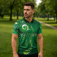 Aotearoa New Zealand New Year Zipper Polo Shirt Tribal Koru Tattoo Green Galaxy Maori Silver Fern LT03 - Polynesian Pride