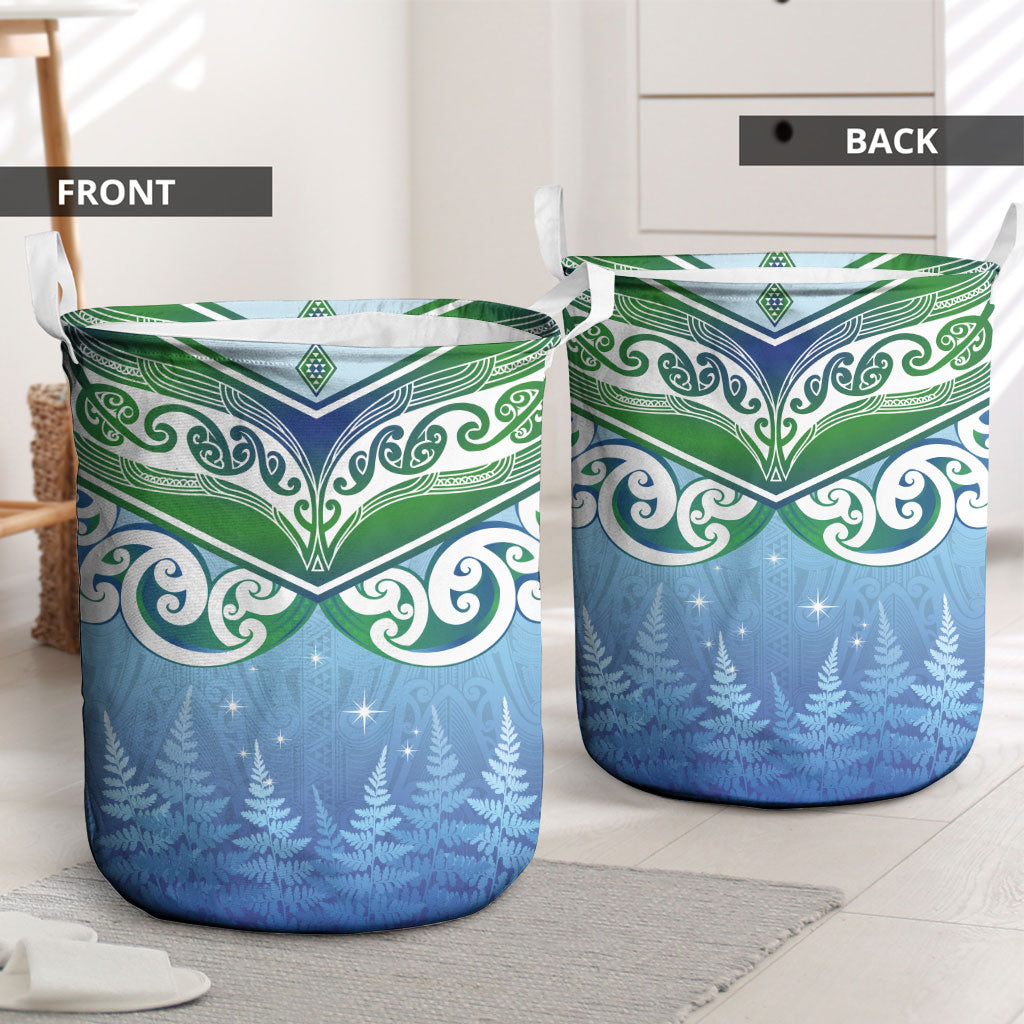 Aotearoa New Zealand New Year Laundry Basket Maori Motifs with Silver Fern and Matariki Stars LT03 - Polynesian Pride