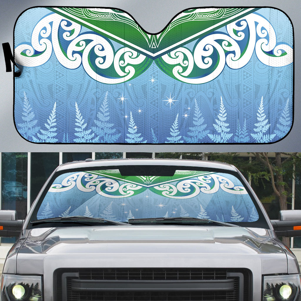 Aotearoa New Zealand New Year Auto Sun Shade Maori Motifs with Silver Fern and Matariki Stars LT03 Multicolor - Polynesian Pride
