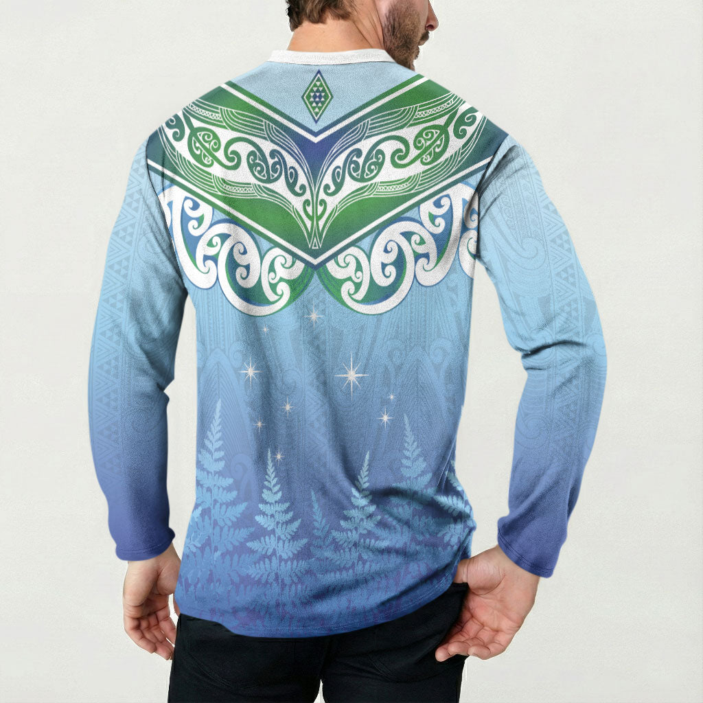 Aotearoa New Zealand New Year Button Sweatshirt Maori Motifs with Silver Fern and Matariki Stars