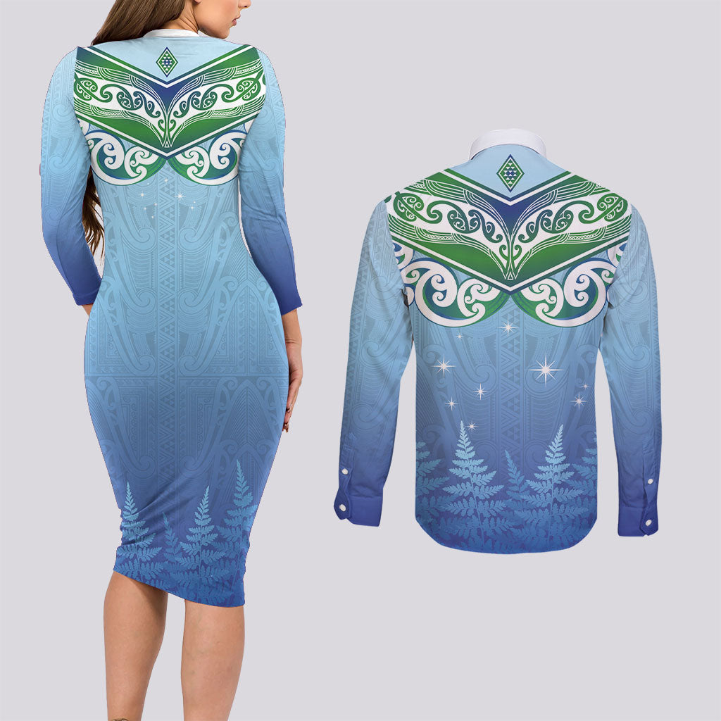 Aotearoa New Zealand New Year Couples Matching Long Sleeve Bodycon Dress and Long Sleeve Button Shirt Maori Motifs with Silver Fern and Matariki Stars LT03 - Polynesian Pride