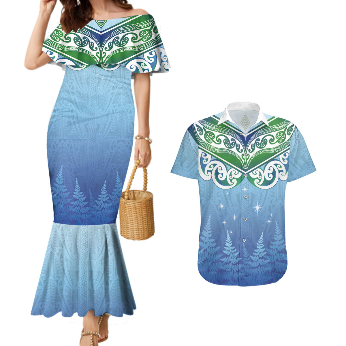 Aotearoa New Zealand New Year Couples Matching Mermaid Dress and Hawaiian Shirt Maori Motifs with Silver Fern and Matariki Stars LT03 Multicolor - Polynesian Pride