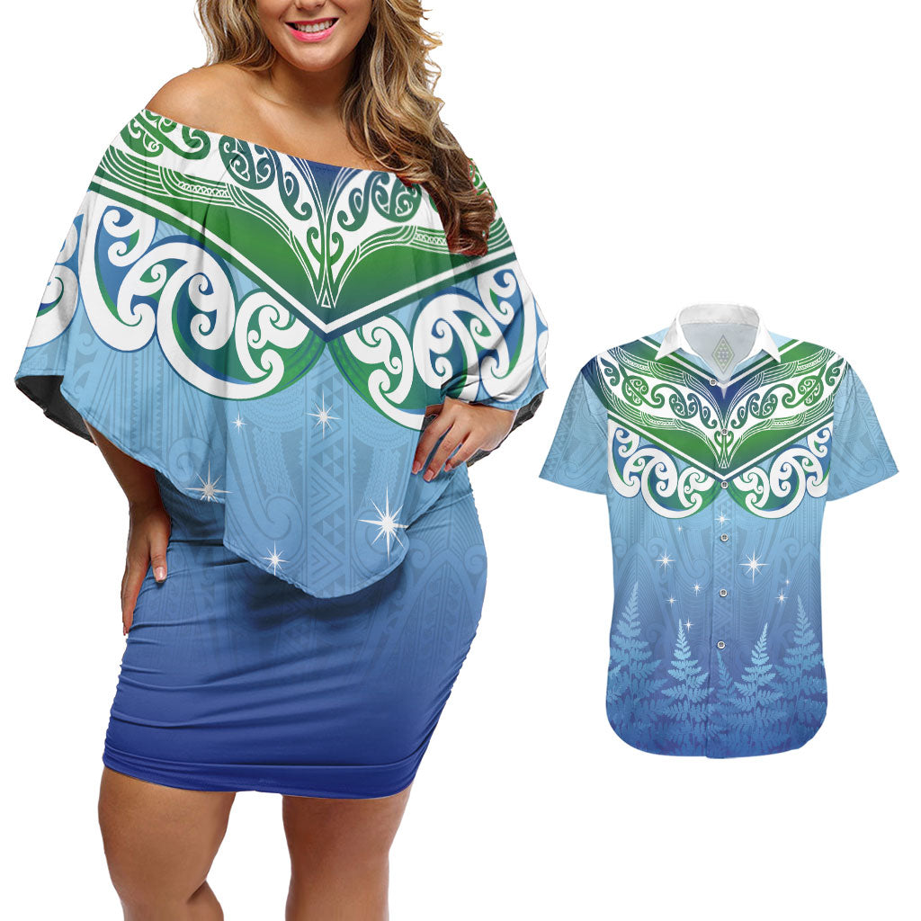 Aotearoa New Zealand New Year Couples Matching Off Shoulder Short Dress and Hawaiian Shirt Maori Motifs with Silver Fern and Matariki Stars