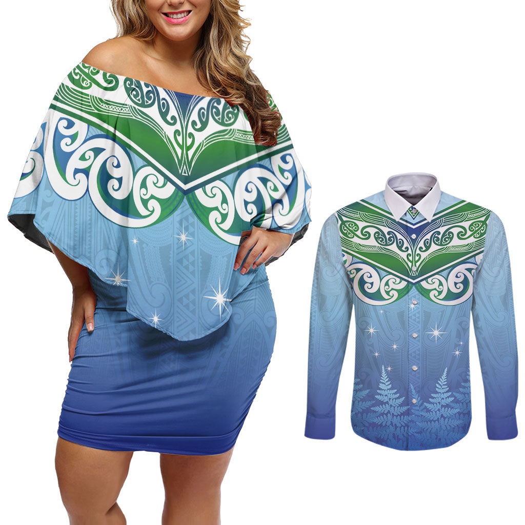 Aotearoa New Zealand New Year Couples Matching Off Shoulder Short Dress and Long Sleeve Button Shirt Maori Motifs with Silver Fern and Matariki Stars LT03 Multicolor - Polynesian Pride