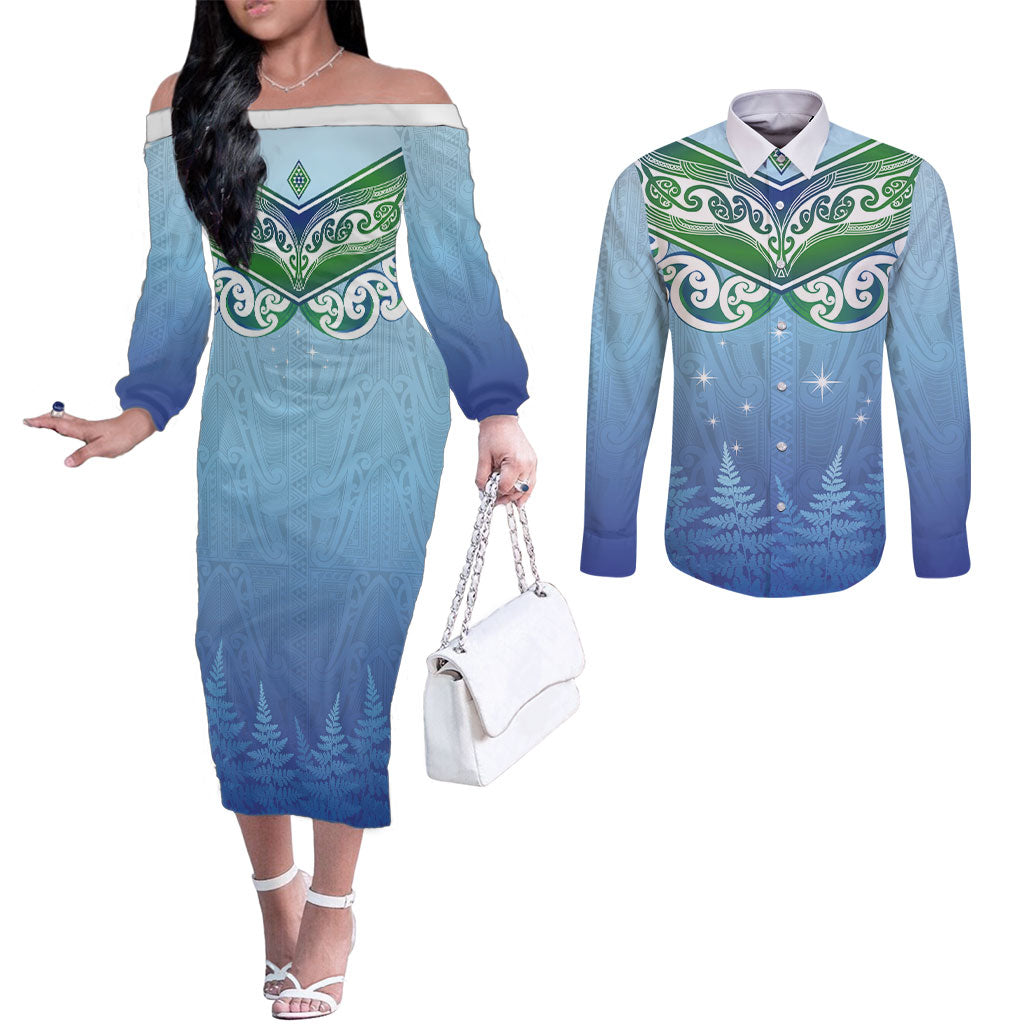 Aotearoa New Zealand New Year Couples Matching Off The Shoulder Long Sleeve Dress and Long Sleeve Button Shirt Maori Motifs with Silver Fern and Matariki Stars