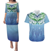Aotearoa New Zealand New Year Couples Matching Puletasi and Hawaiian Shirt Maori Motifs with Silver Fern and Matariki Stars LT03 Multicolor - Polynesian Pride