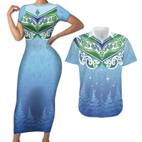 Aotearoa New Zealand New Year Couples Matching Short Sleeve Bodycon Dress and Hawaiian Shirt Maori Motifs with Silver Fern and Matariki Stars LT03 Multicolor - Polynesian Pride