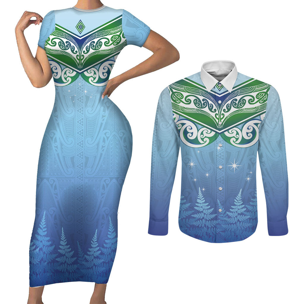 Aotearoa New Zealand New Year Couples Matching Short Sleeve Bodycon Dress and Long Sleeve Button Shirt Maori Motifs with Silver Fern and Matariki Stars LT03 Multicolor - Polynesian Pride