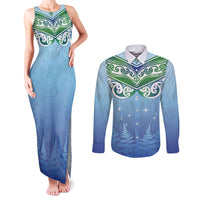 Aotearoa New Zealand New Year Couples Matching Tank Maxi Dress and Long Sleeve Button Shirt Maori Motifs with Silver Fern and Matariki Stars LT03 Multicolor - Polynesian Pride
