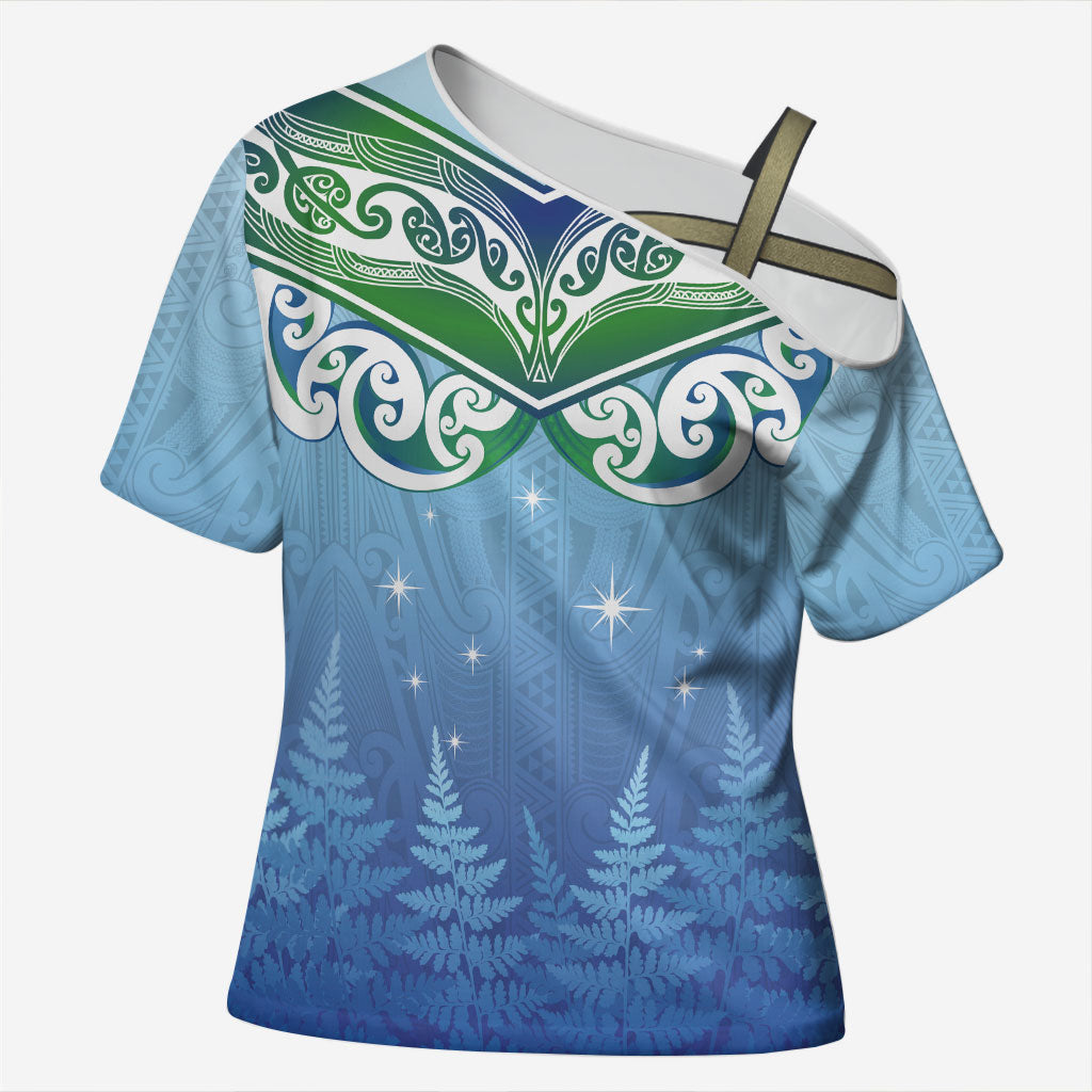 Aotearoa New Zealand New Year Cross Shoulder Shirt Maori Motifs with Silver Fern and Matariki Stars LT03 Female Multicolor - Polynesian Pride