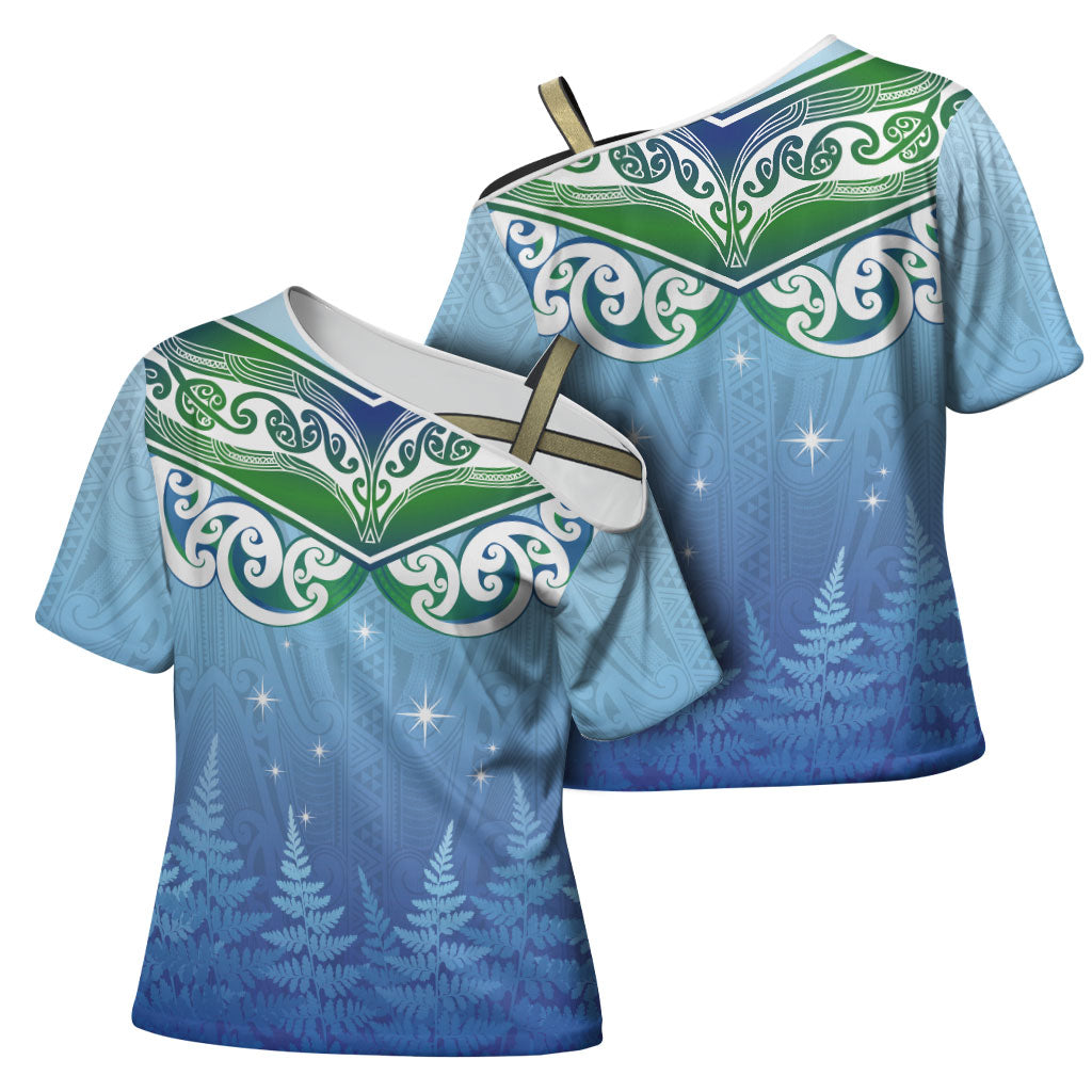Aotearoa New Zealand New Year Cross Shoulder Shirt Maori Motifs with Silver Fern and Matariki Stars LT03 - Polynesian Pride