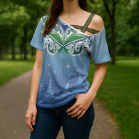 Aotearoa New Zealand New Year Cross Shoulder Shirt Maori Motifs with Silver Fern and Matariki Stars LT03 - Polynesian Pride