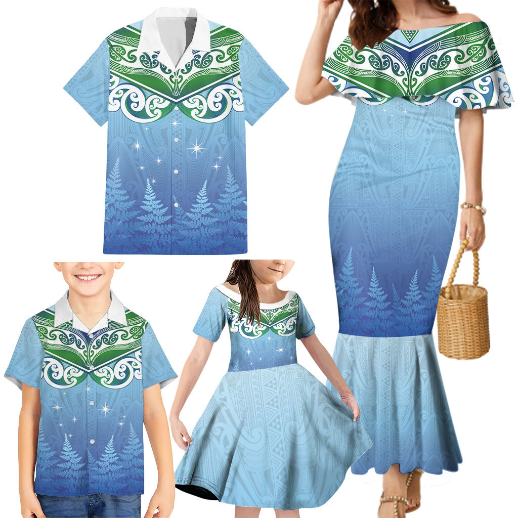 Aotearoa New Zealand New Year Family Matching Mermaid Dress and Hawaiian Shirt Maori Motifs with Silver Fern and Matariki Stars LT03 - Polynesian Pride