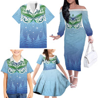 Aotearoa New Zealand New Year Family Matching Off The Shoulder Long Sleeve Dress and Hawaiian Shirt Maori Motifs with Silver Fern and Matariki Stars LT03 - Polynesian Pride