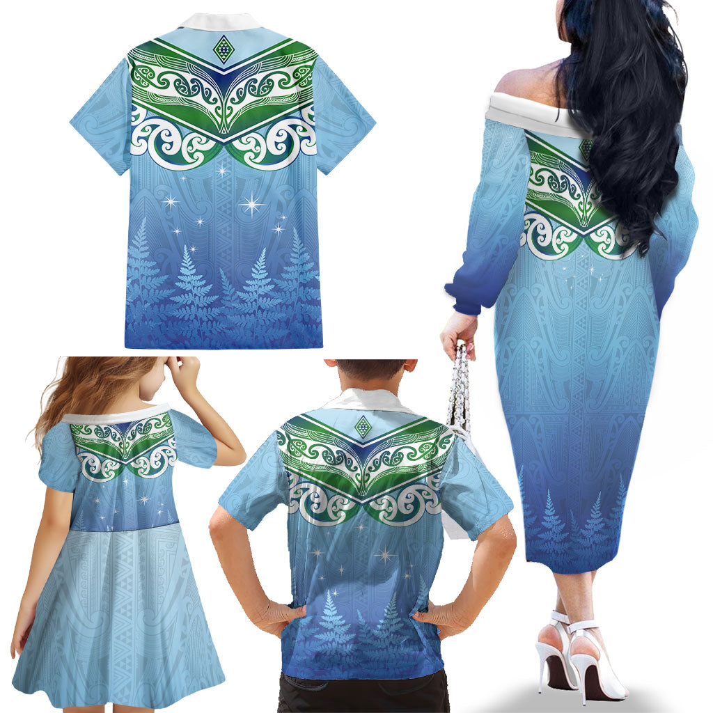Aotearoa New Zealand New Year Family Matching Off The Shoulder Long Sleeve Dress and Hawaiian Shirt Maori Motifs with Silver Fern and Matariki Stars LT03 - Polynesian Pride