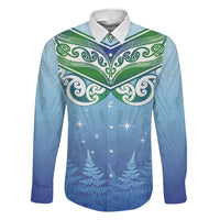Aotearoa New Zealand New Year Family Matching Off The Shoulder Long Sleeve Dress and Hawaiian Shirt Maori Motifs with Silver Fern and Matariki Stars LT03 Dad's Shirt - Long Sleeve Multicolor - Polynesian Pride
