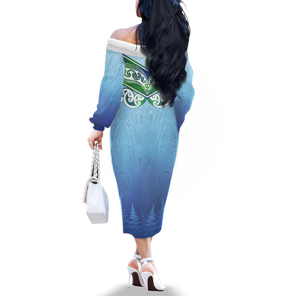 Aotearoa New Zealand New Year Family Matching Off The Shoulder Long Sleeve Dress and Hawaiian Shirt Maori Motifs with Silver Fern and Matariki Stars LT03 - Polynesian Pride