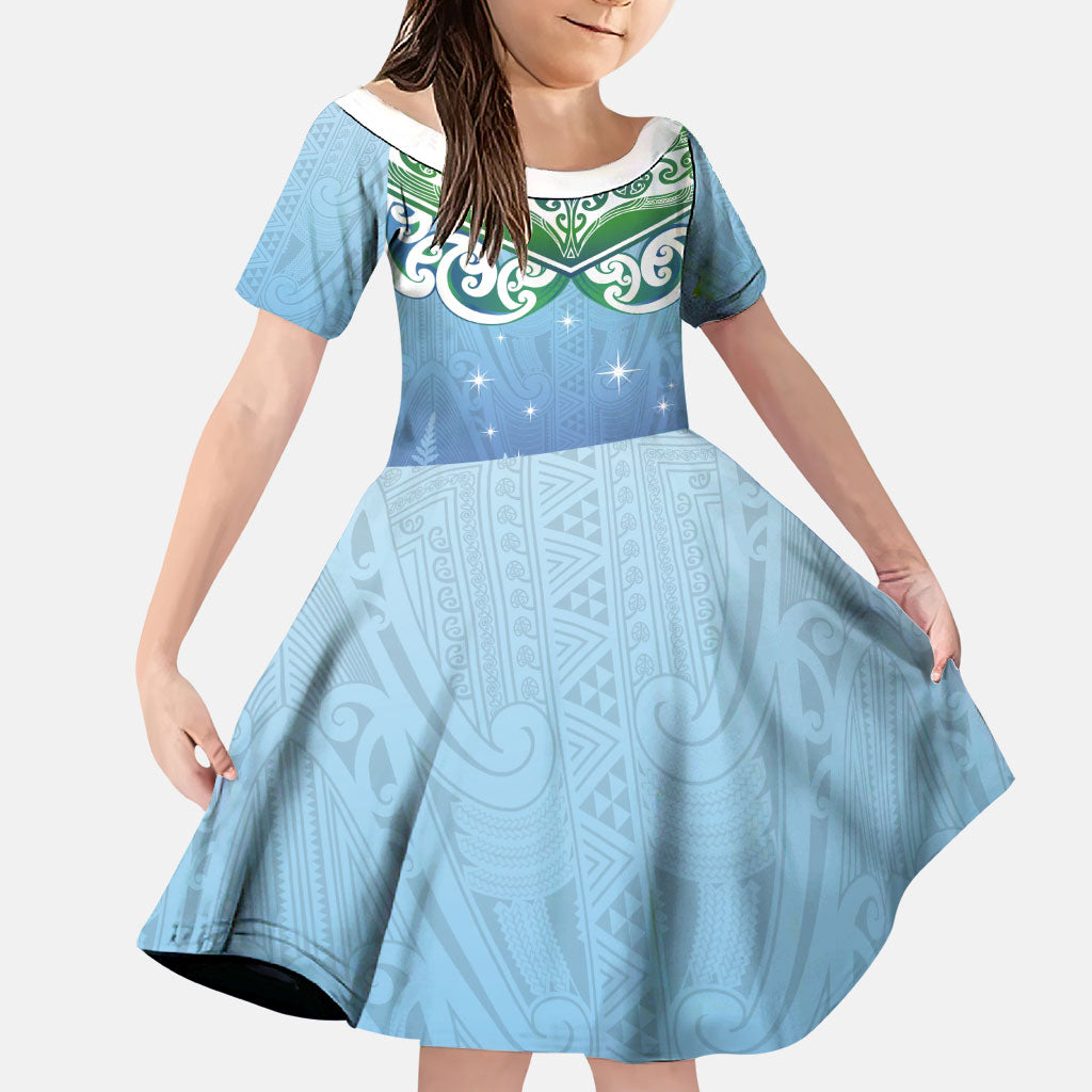 Aotearoa New Zealand New Year Family Matching Off Shoulder Short Dress and Hawaiian Shirt Maori Motifs with Silver Fern and Matariki Stars LT03 Daughter's Dress Multicolor - Polynesian Pride