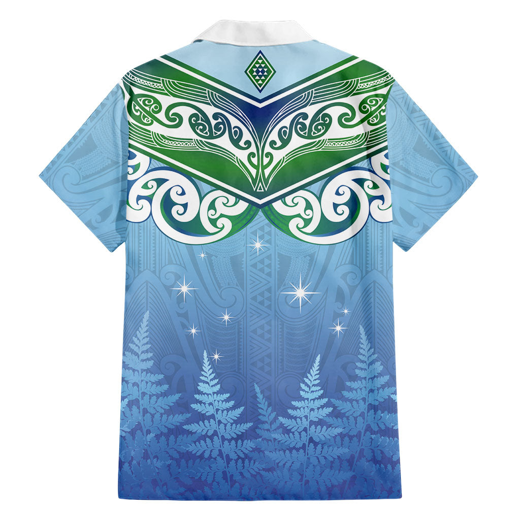 Aotearoa New Zealand New Year Family Matching Off Shoulder Short Dress and Hawaiian Shirt Maori Motifs with Silver Fern and Matariki Stars LT03 - Polynesian Pride