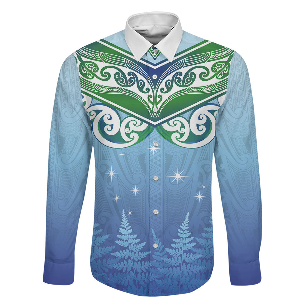Aotearoa New Zealand New Year Family Matching Off Shoulder Short Dress and Hawaiian Shirt Maori Motifs with Silver Fern and Matariki Stars LT03 Dad's Shirt - Long Sleeve Multicolor - Polynesian Pride