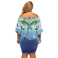 Aotearoa New Zealand New Year Family Matching Off Shoulder Short Dress and Hawaiian Shirt Maori Motifs with Silver Fern and Matariki Stars LT03 - Polynesian Pride