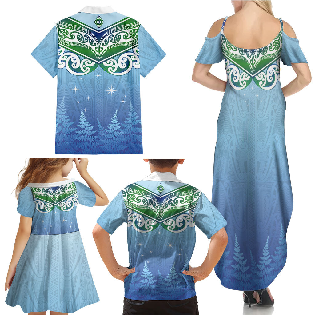 Aotearoa New Zealand New Year Family Matching Summer Maxi Dress and Hawaiian Shirt Maori Motifs with Silver Fern and Matariki Stars LT03 - Polynesian Pride