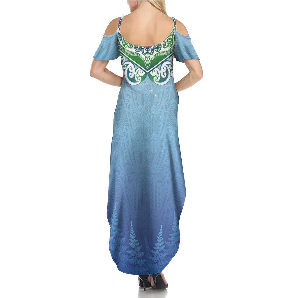 Aotearoa New Zealand New Year Family Matching Summer Maxi Dress and Hawaiian Shirt Maori Motifs with Silver Fern and Matariki Stars LT03 - Polynesian Pride