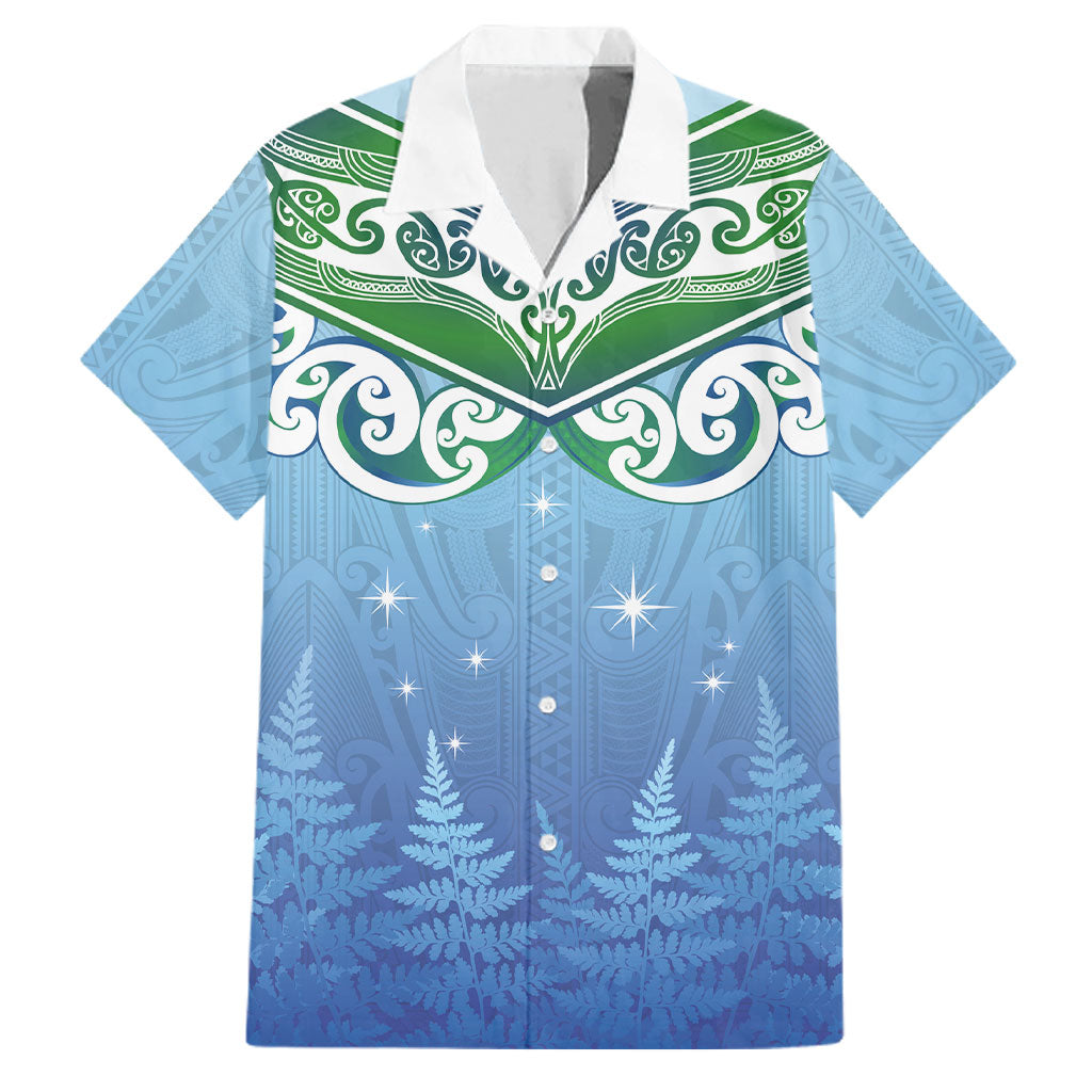 Aotearoa New Zealand New Year Family Matching Tank Maxi Dress and Hawaiian Shirt Maori Motifs with Silver Fern and Matariki Stars LT03 Dad's Shirt - Short Sleeve Multicolor - Polynesian Pride