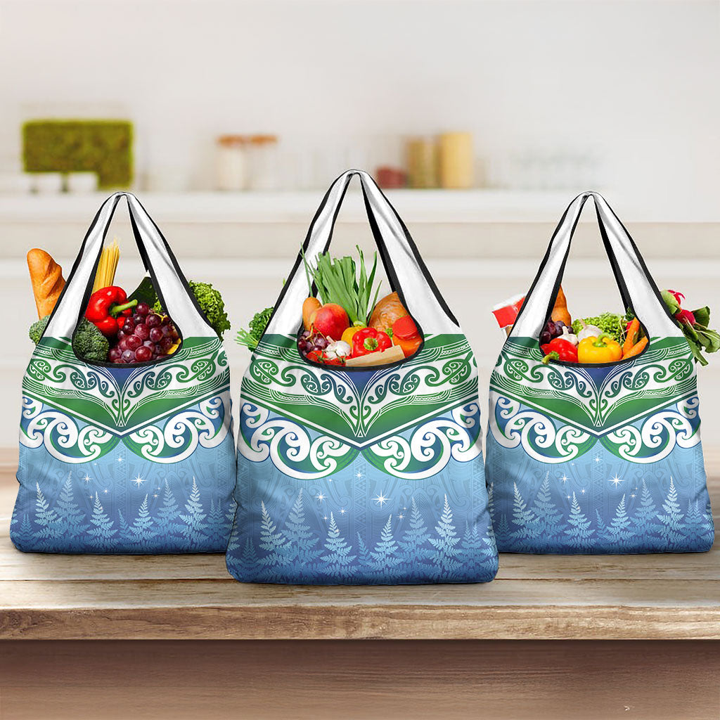 Aotearoa New Zealand New Year Grocery Bag Maori Motifs with Silver Fern and Matariki Stars LT03 3-pack One Size Multicolor - Polynesian Pride
