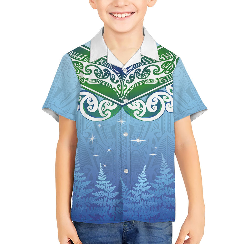 Aotearoa New Zealand New Year Kid Hawaiian Shirt Maori Motifs with Silver Fern and Matariki Stars
