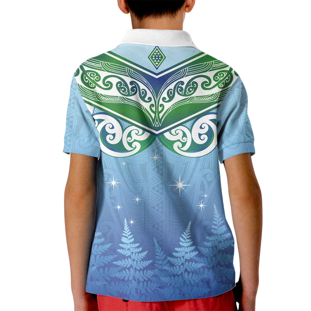 Aotearoa New Zealand New Year Kid Polo Shirt Maori Motifs with Silver Fern and Matariki Stars LT03 - Polynesian Pride