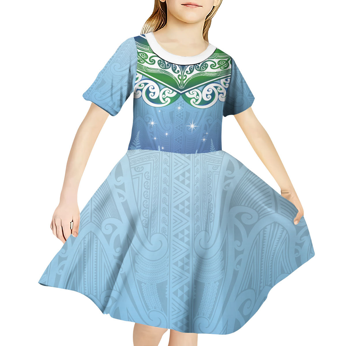Aotearoa New Zealand New Year Kid Short Sleeve Dress Maori Motifs with Silver Fern and Matariki Stars LT03 - Polynesian Pride
