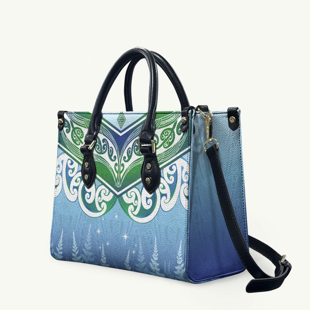 Aotearoa New Zealand New Year Leather Bag Maori Motifs with Silver Fern and Matariki Stars