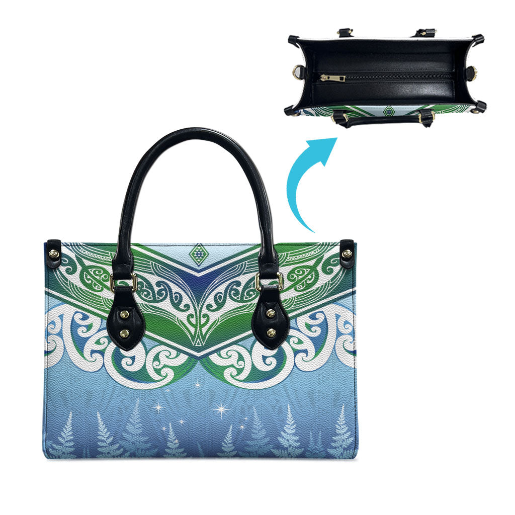 Aotearoa New Zealand New Year Leather Bag Maori Motifs with Silver Fern and Matariki Stars LT03 - Polynesian Pride