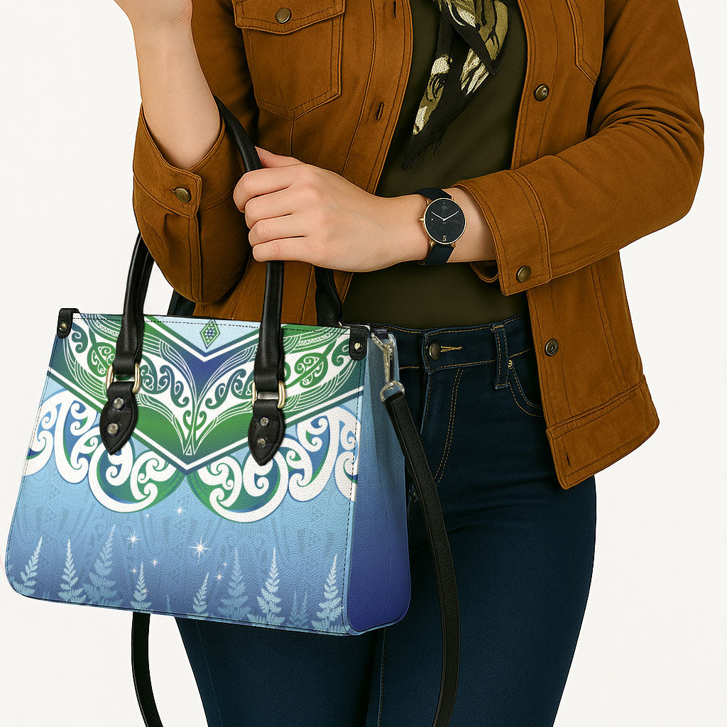 Aotearoa New Zealand New Year Leather Bag Maori Motifs with Silver Fern and Matariki Stars LT03 - Polynesian Pride